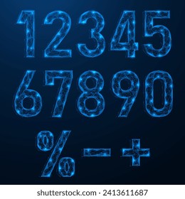 Digital numbers and symbols.  Polygonal design of lines of points. Blue background.