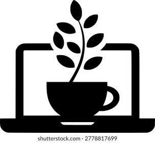 Digital Oasis: A serene silhouette portrays a laptop blossoming into an image of a teacup with plant, embodying the nurturing essence of nature meeting digital innovation.