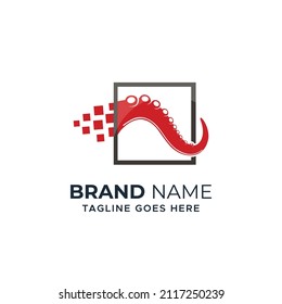 Digitales Tintenfisch-rotes Logo-Design. Farbsymbol von schwarzem Kasten