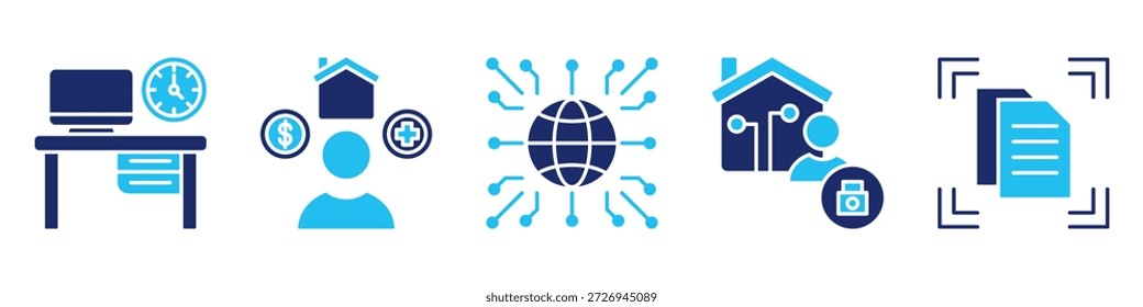 Conjunto de iconos de oficina digital. Para el sistema de lugar de trabajo. El conjunto de iconos contiene el lugar de trabajo, los beneficios para los empleados, Internet, seguridad cibernética, escáner de documentos. Ilustración de duotono de glifo de Vector simple.