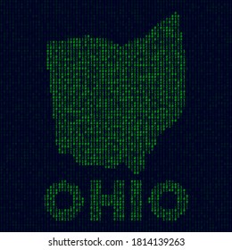 Logo de Ohio Digital. Símbolo del estado estadounidense al estilo de hacker. Mapa de código binario de Ohio con el nombre de estado de EEUU. Ilustración vectorial moderna.