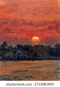 Pintura digital al óleo de una dramática puesta de sol roja sobre una ciudad costera con palmeras y casas reflejadas en el mar. Ilustración artística de un paisaje de puesta de sol de verano con siluetas de villas