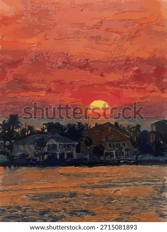 Digital oil painting of a dramatic red sunset over a coastal town with palm trees and houses reflected in the sea. Artistic illustration of a summer sunset landscape with silhouettes of villas