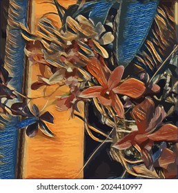 Digital Oil Painting illustration with Flowers, Decoration for the interior. Modern abstract art on canvas.