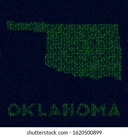Digital Oklahoma logo. US state symbol in hacker style. Binary code map of Oklahoma with US state name. Neat vector illustration.