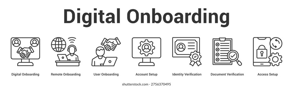 Digital Onboarding web banner icon set vector illustration concept for business with icon of Digital Onboarding, Remote Onboarding, User Onboarding, Account Setup, Identity Verification, Docum.
