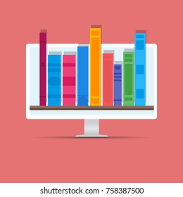 Digital online book store, library, e-reading concept.  Vector illustration in flat style.