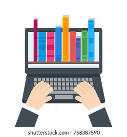 Digital online book store, library, e-reading concept.  Vector illustration in flat style.
