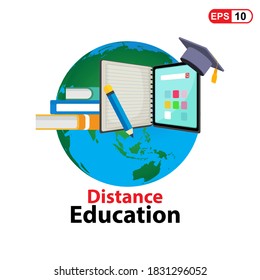 The Digital online education app is taught all over the world by phone  on a mobile website. the concept of social distance. decor by the book lecture pencil mobile.Flat vector illustration