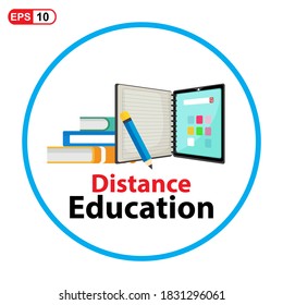 The Digital online education app is taught all over the world by phone  on a mobile website. the concept of social distance. decor by the book lecture pencil mobile.Flat vector illustration