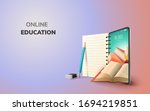 Digital Online Education Application learning world wide on phone, mobile website background. social distance concept. decor by book lecture pencil eraser mobile. 3D vector Illustration - copy space