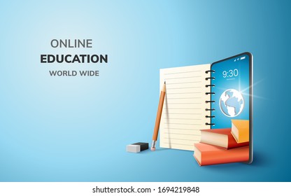 Digital Online Education Application learning world wide on phone, mobile website background. social distance concept. decor by book lecture pencil eraser mobile. 3D vector Illustration - copy space