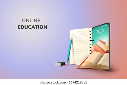 Digital Online Education Application learning world wide on phone, mobile website background. social distance concept. decor by book lecture pencil eraser mobile. 3D vector Illustration - copy space - Shutterstock ID 1694219851