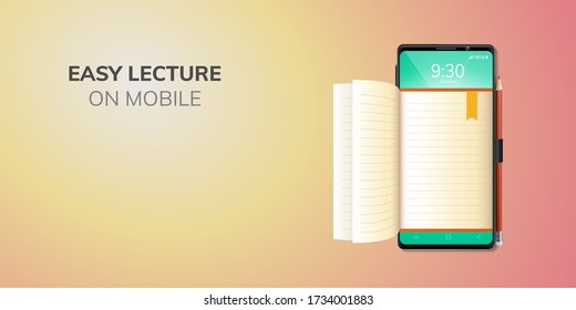 Digital Online Education Application learning on front top phone, mobile website background. social distance concept. decor by book lecture pencil eraser mobile. 3D vector Illustration - copy space