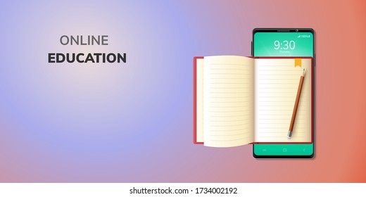 Digital Online Education Application learning on front top phone, mobile website background. social distance concept. decor by book lecture pencil eraser mobile. 3D vector Illustration - copy space