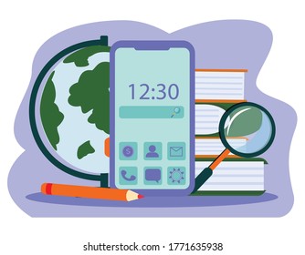 Digital Online Education Application learning world wide on phone, mobile website background. social distance concept. decor by book lecture pencil eraser mobile. 