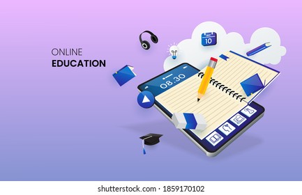 Digital Online Education Application learning world wide on phone, mobile website background. decor by book lecture pencil eraser mobile. 3D vector Illustration - copy space