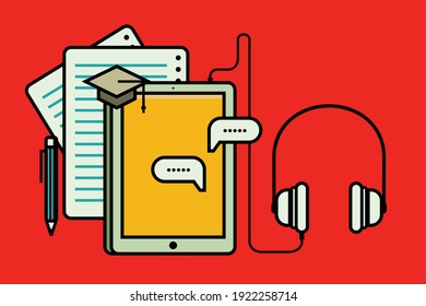 Digital Online Education Application learning on phone with earphones, mobile website background. social distance concept. E-learning, online education at home vector illustration