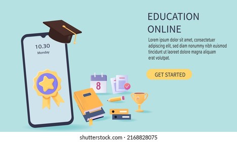 Digital Online Education Application learning on phone. 3D vector Illustration. Online education on website and mobile application.Concept for web, graphic design Landing page template