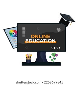 Digital Online Education Application learning world wide on phone, mobile website background. social distance concept. decor by book lecture pencil eraser mobile.vector Illustration