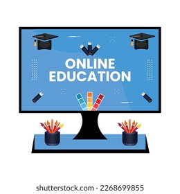 Digital Online Education Application learning world wide on phone, mobile website background. social distance concept. decor by book lecture pencil eraser mobile.vector Illustration
