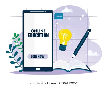 Digital online education application learning on the phone. Book, pencil and light bulb decoration. Flat vector illustration.
