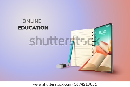 Digital Online Education Application learning world wide on phone, mobile website background. social distance concept. decor by book lecture pencil eraser mobile. 3D vector Illustration - copy space