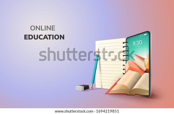 Digital Online Education Application learning world\
wide on phone, mobile website background. social distance concept.\
decor by book lecture pencil eraser mobile. 3D vector Illustration\
- copy space