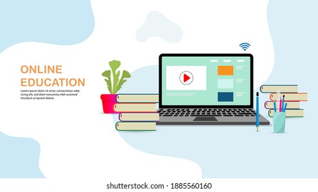 Digital online education concept in flat style design with laptop or notebook and educational element decoration. Learning online with notebook. vector illustration 