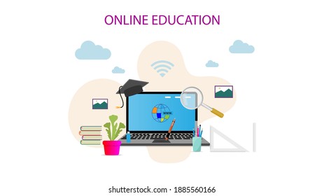 Digital online education concept in flat style design with laptop or notebook and educational element decoration. Learning online with notebook. vector illustration 