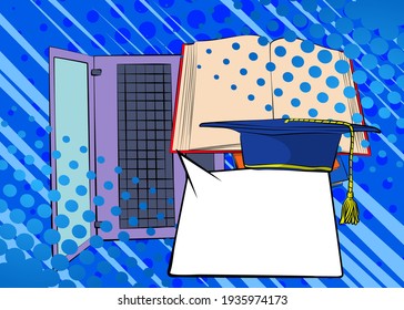 Digital Online Education Concept with Laptop and Books. Learning online for social distancing. Mobile knowledge. Comic Book Style Vector Illustration.