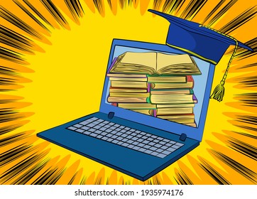 Digital Online Education Concept with Laptop and Books. Learning online for social distancing. Mobile knowledge. Comic Book Style Vector Illustration.