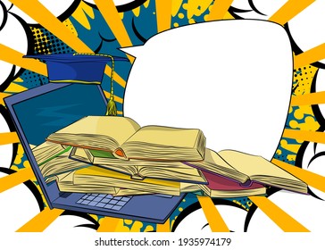 Digital Online Education Concept with Laptop and Books. Learning online for social distancing. Mobile knowledge. Comic Book Style Vector Illustration.