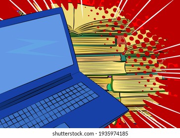 Digital Online Education Concept with Laptop and Books. Learning online for social distancing. Mobile knowledge. Comic Book Style Vector Illustration.