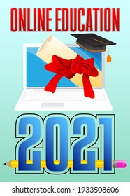 Digital Online Education, Graduation in 2021. Application learning online for social distancing. Mobile knowledge. Vector Illustration.
