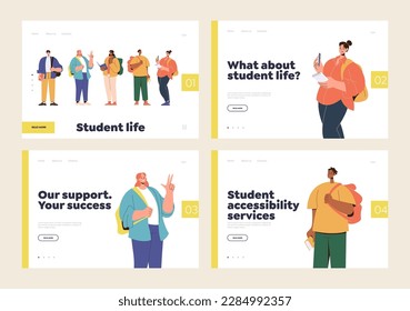 Digital online education services landing page design template set with happy smiling male and female student characters standing with bag ready for study vector illustration. E-learning application