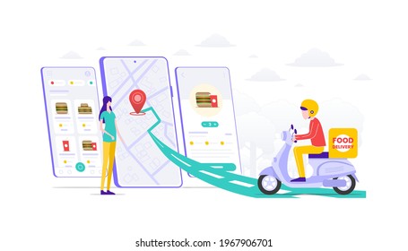 Digital online fast food burger delivery on scooter with phone. Cash on delivery. Mobile website background illustration. Suitable for user interface, ui, ux, web, mobile, banner and infographic.