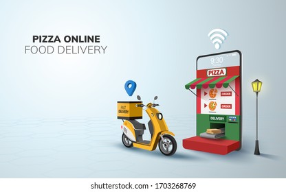 Digital Online Food Pizza Delivery on Scooter with phone, mobile website background. concept for passenger food Buffet item shipping.  3D vector Illustration. flat design. copy space