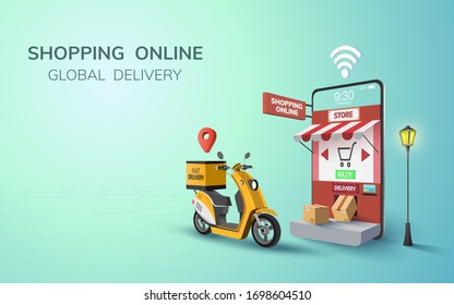 Digital Online Free Global Delivery on Scooter with phone, mobile website background. concept for passenger food item shipping.  3D vector Illustration. flat design. copy space