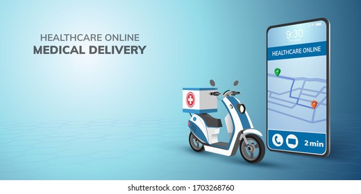 Digital Online healthcare transport Doctor Delivery Icon on Scooter with phone, mobile website background. concept for emergency health medical . 3D vector Illustration. flat design. copy space