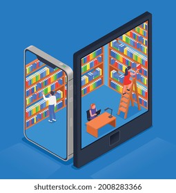 Abstrakte abstrakte Bibliothek mit isometrischen Bildmaterial für digitale Online-Bibliotheken und Vektorgrafik 