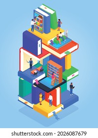 Digital online library isometric colored concept abstract multi story building with floors dedicated to various reading related matters vector illustration