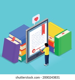 Digital online library isometric concept man reading ebook on tablet with abstract stacks of books around him vector illustration