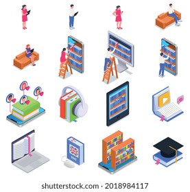 Digital online library isometric icon set men and women read books on tablets smartphones look for books on electronic shelf listen to audiobooks vector illustration