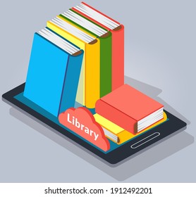 Digital online library in smartphone with app, ebook. Distance education with modern technology application in phone. Screen with stack of multicolored books, electronic textbooks, distance education