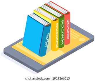 Digital online library in smartphone with app, ebook. Distance education with modern technology application in phone. Screen with stack of multicolored books, electronic textbooks, distance education