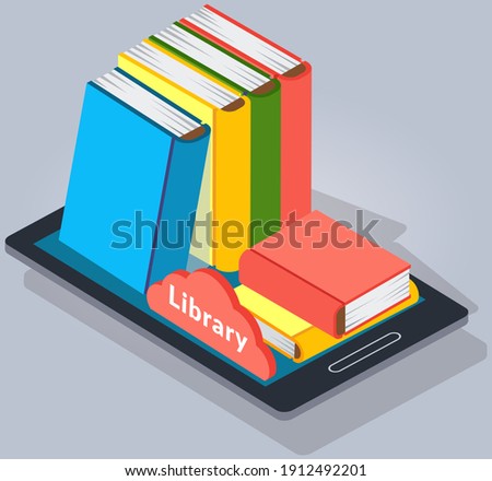 Digital online library in smartphone with app, ebook. Distance education with modern technology application in phone. Screen with stack of multicolored books, electronic textbooks, distance education