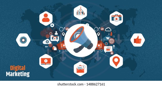 Digital online marketing banner web icon for business and social media marketing, content marketing, website, viral, seo, keyword, advertise and internet marketing. Minimal vector info graphic.