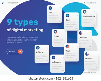 Digital online marketing banner, web icon for business and social media marketing, content marketing, website, viral, seo, keyword, advertise and internet marketing. Minimal flat vector infographic