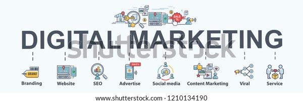 digital online marketing banner web icon for\
business and social media marketing, content marketing, website,\
viral, seo, keyword, advertise and internet marketing. Minimal\
vector infographic.